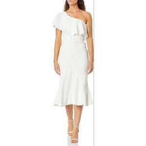 Dress the Population White Asymmetrical Ruffled Midi Dress